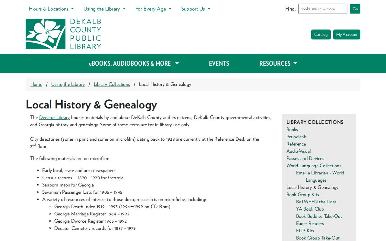 DeKalb library local history and genealogy collection page
