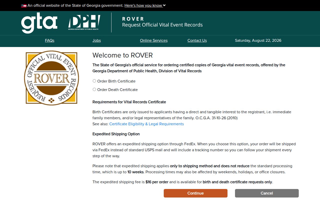 Georgia ROVER portal for eligible birth and death record orders tied to Stonecrest research