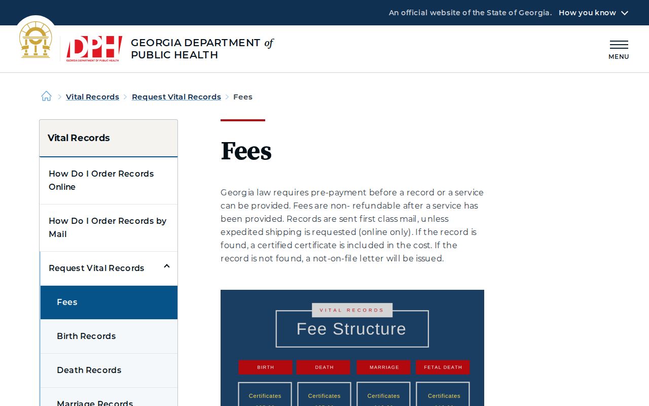 Georgia DPH fee page for vital records used in Stonecrest family research