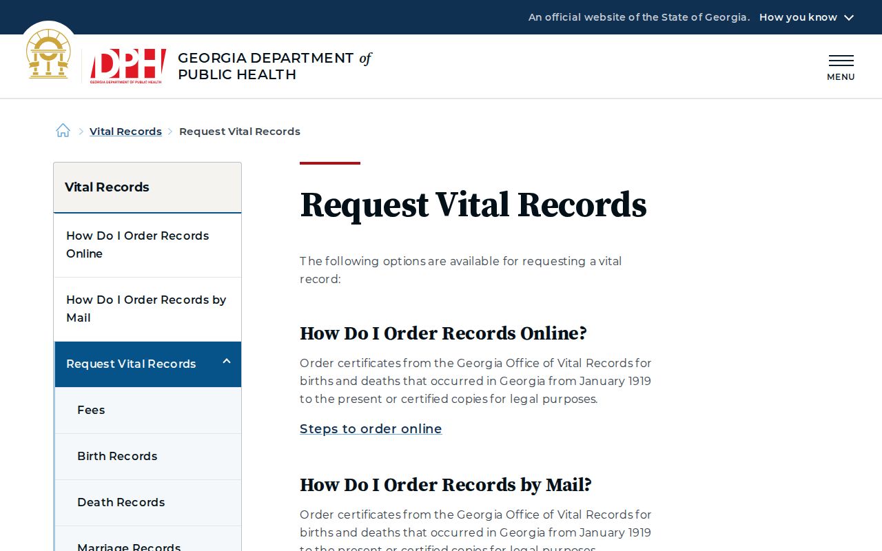 Georgia DPH vital record request routes used to verify a Stonecrest family-history trail