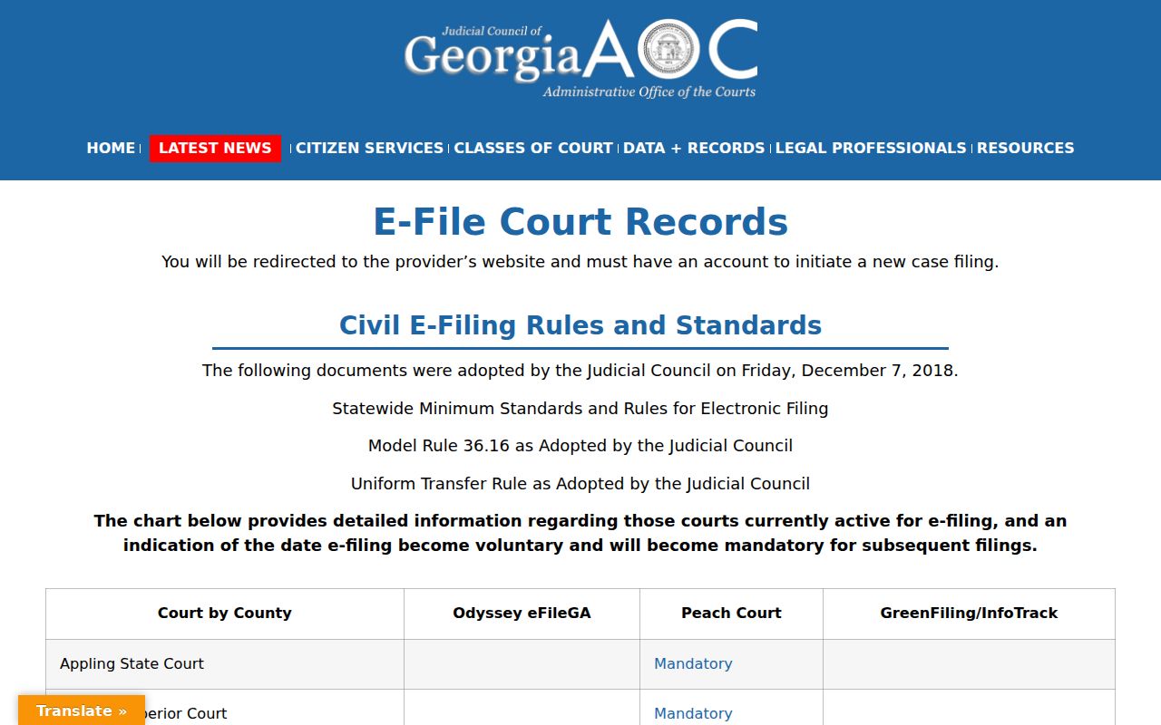 Georgia court e-filing availability table for DeKalb courts