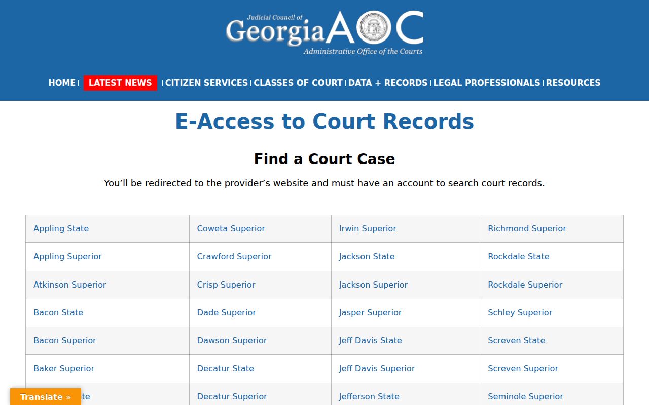Georgia court e-access selector for DeKalb court records